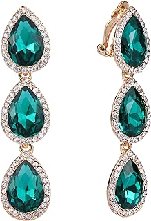 EleQueen Women's Austrian Crystal Teardrop Pear Shape 2.4 Inch Long Clip-on Dangle Earrings