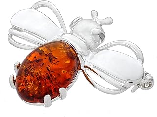 Women’s Silver Brooch, Bee with Amber, Polished Sterling Silver, Natural Baltic Amber in Cognac Colour