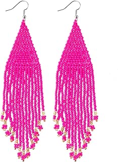 Long Bohemian Beaded Earrings with French Wire Back Finding, Handmade Seed Bead Fringe Dangles, Large Drop Design for Women