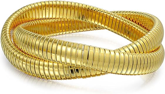 Omega Snake Cobra Wide Bangle Twisted Bracelet Bands Set Interlocking Flexible Stretch Bracelets for Women Silver Gunmetal Rose Yellow Gold Plated Stainless Steel Fits 8 to 8.5 inches Wrist