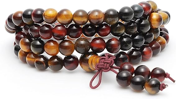 Ghana Beads Bracelet: Tiger Eye Crystal Gem with Bead Chain, Easy Hook Clasp, Mala Prayer Stone Design for Men and Women