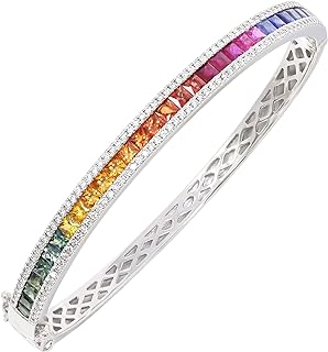 14K White Gold Genuine Multicolor Sapphire Princess Cut 4-5/8 Ct Bangle Bracelet with Diamonds