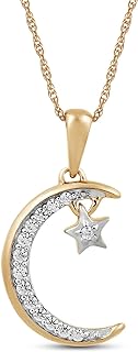 Jewelili 10k Yellow Gold Moon Star Pendant Necklace with Natural White Round Diamonds, 1/10 Cttw, 18" Gold Filled Rope Chain