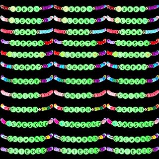 Cunno Delicate Style Acrylic & PVC Glow in the Dark Bead Bracelets for Kids with Glass Clasp, Heart/Letter Design - 36 Pcs Cute & Stretchy Friendship Inspirational Bracelets