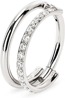 Unisex Cubic Zirconia Embellished G23 Titanium Double Hoop Nose Ring for Conch, Cartilage, Helix Piercing - Hypoallergenic and Versatile Body Jewelry
