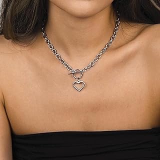 Heart Pendant Choker Necklace Silver Stainless Steel Toggle Necklaces Cable Chain for Women Girls