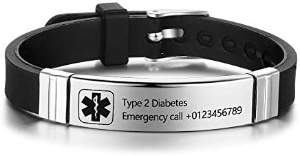 JewelOra Medical Alert Bracelet Custom Engraved Sport Name ID Identification Adjustable Bracelet for Men Women Stainless Steel Rubber