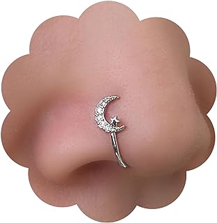 Punk Crystal Nose Ring Gold Moon Star Clip On Nose Ring Crystal Crescent Moon Nose Ring Rhinestone Moon Star Nose Ring Hoop Jewelry for Women and Girls Gifts