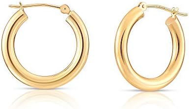 14k Yellow Gold Classic Shiny Polished Round Hoop Earrings, 3mm tube