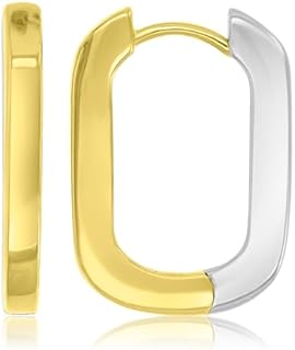 14K Gold Plated White & Yellow Gold-Brass Huggie Hoop Earrings with Hinge Notched Post & Cubic Zirconia Gem for Women - 3x22mm Hypoallergenic Oval Design