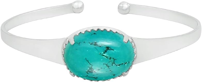 Handcrafted Silver Plated Turquoise Bangle Bracelet with Oval Gemstone for Women