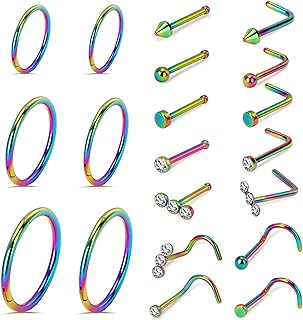 20pcs Surgical Steel Nose Ring,16G/18G Hypoallergenic Nose Rings Studs Set L Shape Nose Studs Body Piercing Nose Hoop Lip Ear Nose Rings for Women Men