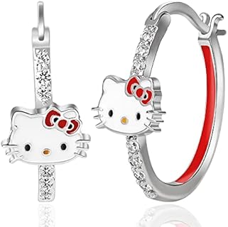Sanrio Hello Kitty Womens Hoop Earrings - Cubic Zirconia and Enamel Plated Hello Kitty Earrings Officially Licensed