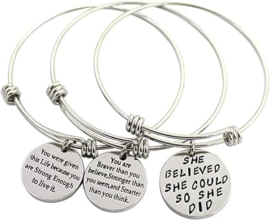 3 Pack Women Engraved Message Inspirational Words Round Charm Bracelets Set Expandable Silver Plated Stainless Steel Motivational Bangle Bracelet