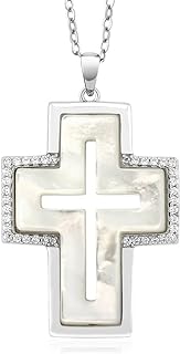 925 Sterling Silver, Link Chain, and Mother of Pearl Cross Pendant Necklace with Spring Ring Clasp for Women