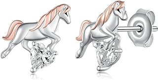 Push Back Sterling Silver Horse Stud Earrings With Cubic Zirconia for Women & Girls, Heart-Shaped Animal Jewelry Gift
