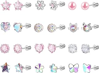 Flat Back Cubic Zirconia Stud Earrings with Screw Backs for Toddlers, Girls, and Women - Stainless Steel Flower, Pearl, Star Designs, 12 Pair Set
