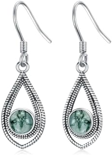 Vintage Moss Agate Drop Earrings with French Wire Back Finding for Women, Round Cut, 925 Sterling Silver
