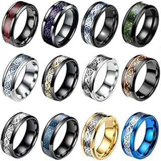 12 Pcs 8mm Stainless Steel Ring for Men Women Celtic Dragon Beveled Edges Celtic Black Rings Carbide Wedding Band Ring Set Size 7-11
