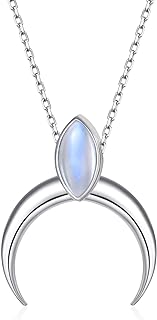 Women's 925 Sterling Silver Marquise Pendant Necklace with Lobster Clasp and Cable Chain, Featuring Moonstone Crescent Moon Design