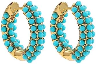 Boho Beaded Turquoise Hoop Earrings Gold Plated Blue Birthstone Ball Beads Chunky Huggie Hoops Earrings Lightweight Vintage Birthday Holiday Jewelry Gifts