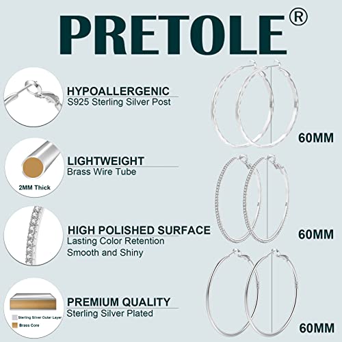 PRETOLE 3 Pairs 925 Sterling Silver Hoops Earrings for Women, Sterling Silver Large Rhinestone Hoop Earrings with Cubic Zirconia Lightweight Hypoallergenic Big Sterling Silver Earrings Set for Women