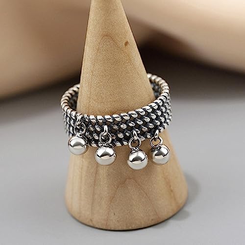 Vintage 925 Sterling Silver Open Ring Beads Tassel Multi-Layer Woven Ring Handmade Polishing Dainty Ring Jewelry Comfort Fit Cute Charms Dangle Jewelry Christmas BFF Gift