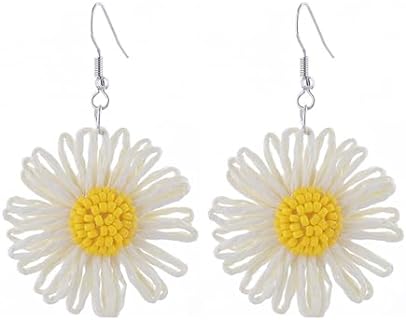 Handcrafted Rattan Daisy Flower Dangle Earrings with French Wire Back Finding for Women and Girls