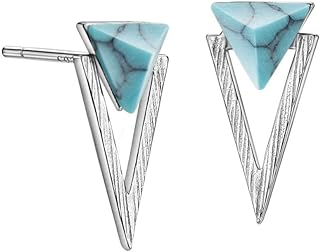 Rhodium-Plated Silver Pyramid Stud Earrings with Turquoise Gem for Women, Brushed Silver Finish, Post and Nut Back