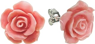 Sterling Silver Simulated Coral Rose Earrings Stud Post 15mm