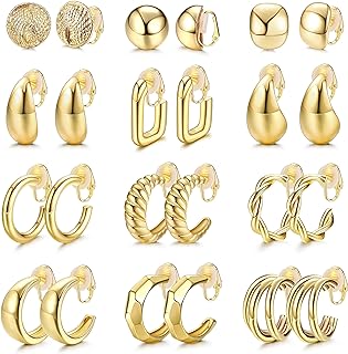 Florideco Elegance - 12Pair Women's Gold Clip-On Alloy Hoop Earrings with Cubic Zirconia Gems in Twist Round and Chunky Non-Pierced Designs