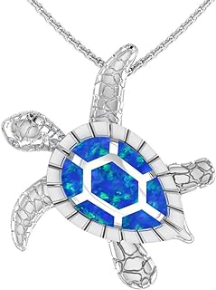 Womens 925 Sterling Silver Turtle Shape Sealife Beach Charm Vintage Fine Fashion Jewelry Rope Chain Pendant Necklace Accessory, Opal Blue