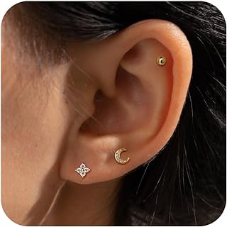 Foxgirl Small Gold Stud Hoop Earrings for Women, Dainty 14K Gold Silver Plated Hypoallergenic Cz Flower Ear Cuff Earrings Set Cartilage Minimalist Multiple Piercing Jewelry for Girls Gifts