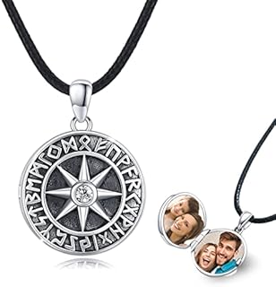 Men's Sterling Silver Compass Locket Pendant Necklace with Rope Chain and Zircon Gem - Viking Inspired Design