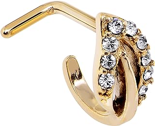 Charming Gold PVD Steel Leaf Design Nose Stud with Clear Accent and L-shaped Hoop, 18 Gauge Stainless Steel, Perfect for Everyday Wear