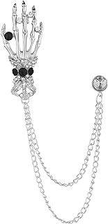 Edgy Vintage Punk Skull Hand Brooch with Tassel Chain, Rhinestone Copper Pin - Gothic Skeleton Lapel Design for Women and Men