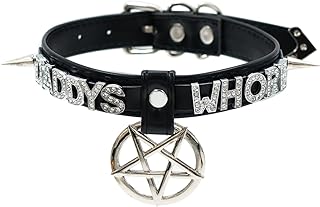'Women's Black Pentagram Gothic Punk Choker with Zinc Metal & Faux Leather - Cable Chain Spiked Necklace with Name Letters'