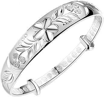 925 Sterling Silver Fu Flower Carved Bangle Bracelet Flower Bracelet Bauhinia Flower Bracelet Elegant Open Adjustable Bracelet for Women's Jewelry Chinese National Style