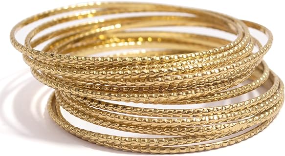 No Clasp, Nicole Speckle Brass Bangle Bracelets Set of 12 - Golden Slim Spacer Design for Women Featuring Speckle Pattern