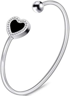 Jude Jewelers Stainless Steel Open Cuff Black Enamel Heart Bangle Bracelet
