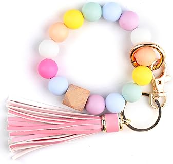 Beaded Key Ring Bracelet, Silicone Bracelet, Silicone Key Ring Bracelets for Women, Cute Beaded Keychain Wristlet Keychain with Pink Tassel for Car Key Ring Bangle Chain