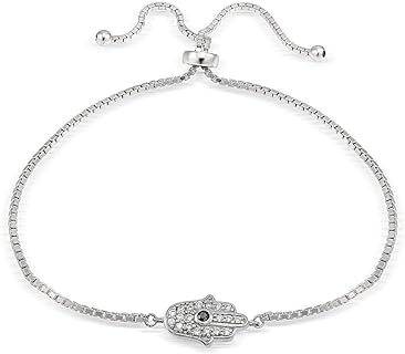 Sterling Silver Cubic Zirconia Hamsa Hand Adjustable Bracelet by Hoops & Loops with Box Chain and Other-Clasp-Type for Unisex Appeal
