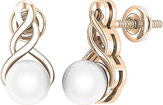 Charming 6MM White Freshwater Pearl Stud Earrings in Rose Gold, Ladies Swirl Design with Secure Screw Back Finding
