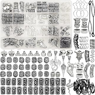 Viking Dreadlock Fashion Accessories, Assorted Silver & Stainless Steel Hair Charms - Norse Runes, Metal Clips & Cuff Rings, 215 Pieces - Ideal for Women's Braids and Dreadlocks
