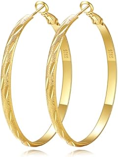 EXGOX Gold Hoop Earrings,4MM Wide Gold Hammered Hoop Earrings for Women Hypoallergenic Sterling Silver Hoop Earrings Lightweight Large 14k Gold Hoop Earrings Jewelry Gift for Women