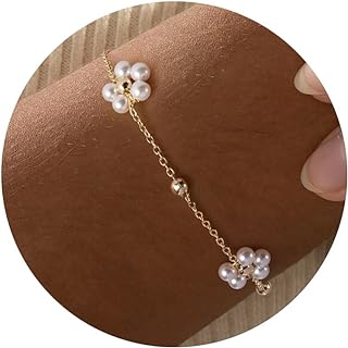 Pearl Bracelet, 14K Gold Plated Pearl Bracelets for Women Daisy Pearl Flower Gold Beaded Station Pearl Bracelets
