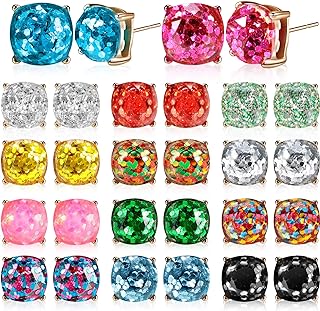 14 Pair Set of Stainless Steel Faux Druzy Stud Earrings for Women and Girls with Sequin and Resin Gems in Square Design - Ideal Valentine's Day Gift