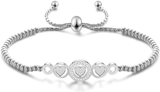 Jude Jewelers Stainless Steel Bead Chain Bracelet with Cubic Zirconia Heart Charm - Timeless Wedding and Cocktail Party Accessory