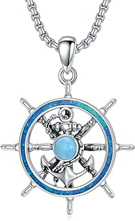 Larimar & Opal Sterling Silver Necklace with Lobster Clasp and Rolo Chain for Women - Nautical Rudder Design - Perfect Gift for Ocean Lovers