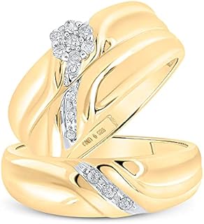 His and Hers Bridal Womens and Mens Engagment and Wedding Band Complete Trio Matching Wedding Rings Set Yellow-tone 925 Sterling Silver Round Diamond 1/6 Cttw